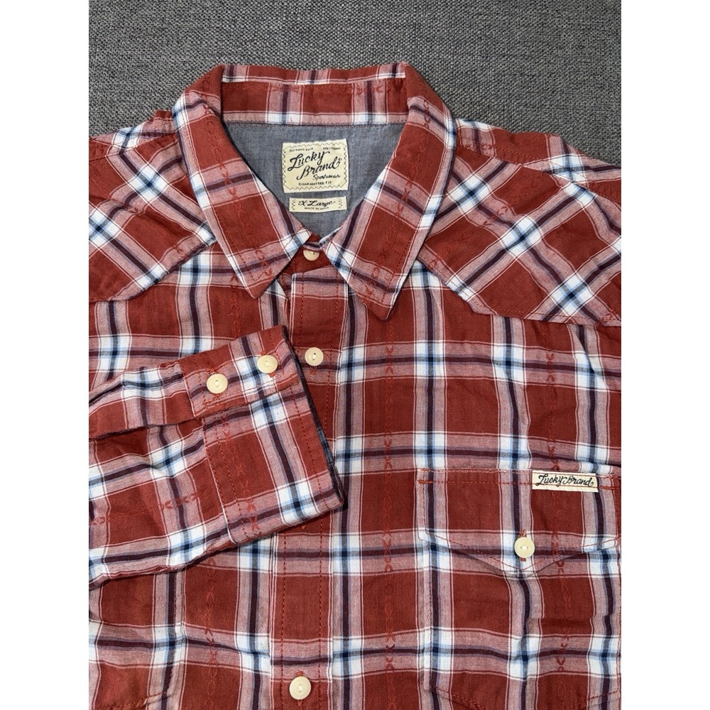 Lucky Brand Western Plaid Pearl Snap Shirt Men's XL Red Long Sleeve Cowboy Ranch